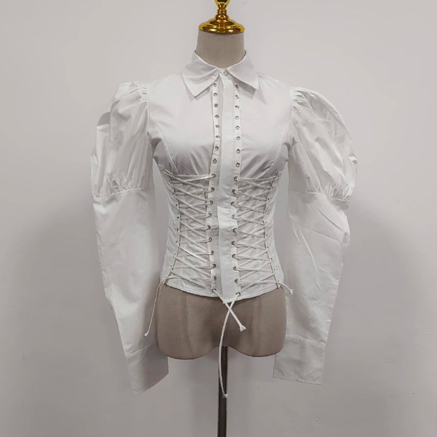 Solid Slimming Spliced Lace Up Elegant Blouses for Women Lapel Long Sleeves Patchwork Folds Top Female Clothing New WHITE