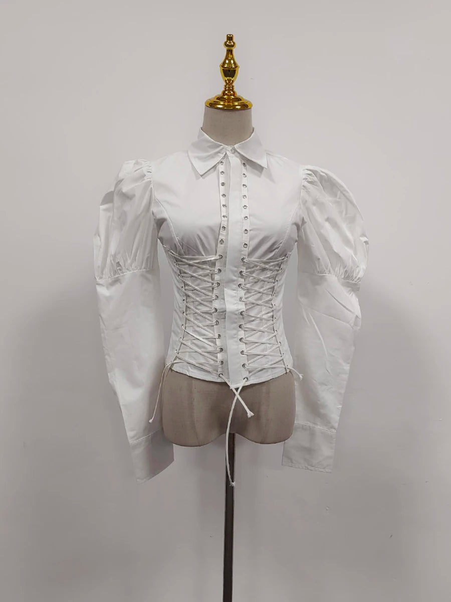 Solid Slimming Spliced Lace Up Elegant Blouses for Women Lapel Long Sleeves Patchwork Folds Top Female Clothing New WHITE