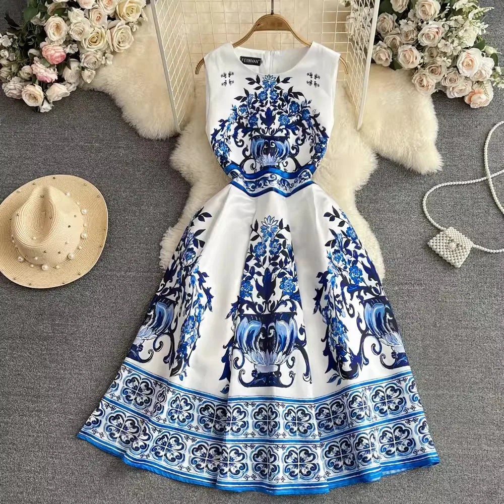 Summer Vintage Blue And White Porcelain Dresses Women's Sleeveless O Neck Tank Flower Print Vest Midi Long Party Vestidos blue