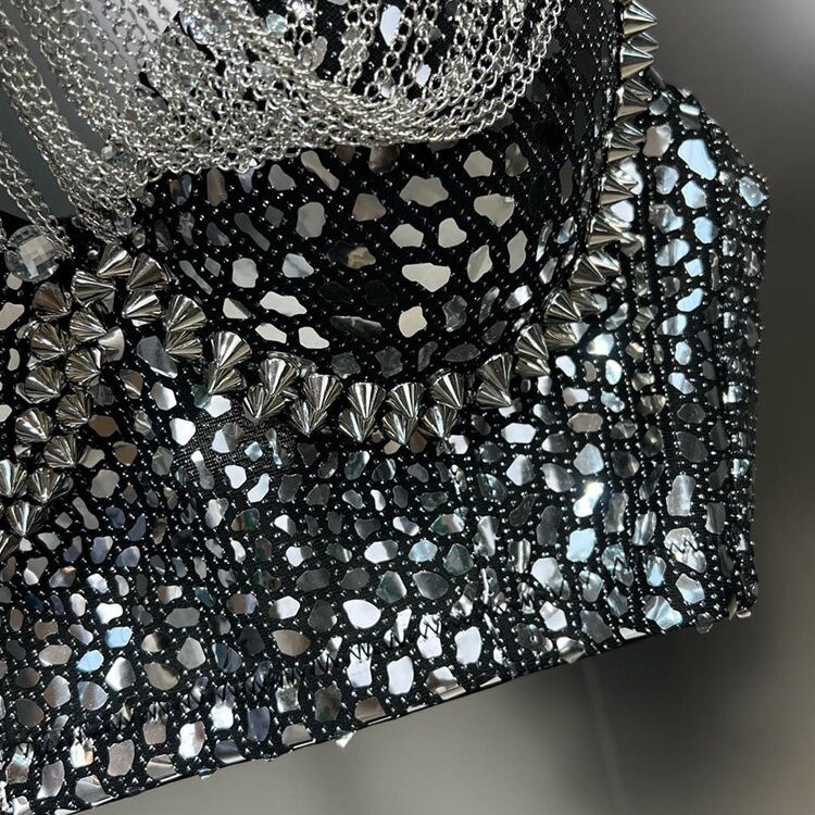 Sexy Trend Sequin Metal Chain Tassel Sling Women&#39;s Shiny Personality Rivet Design Slim Camisole Female 2024 Summer