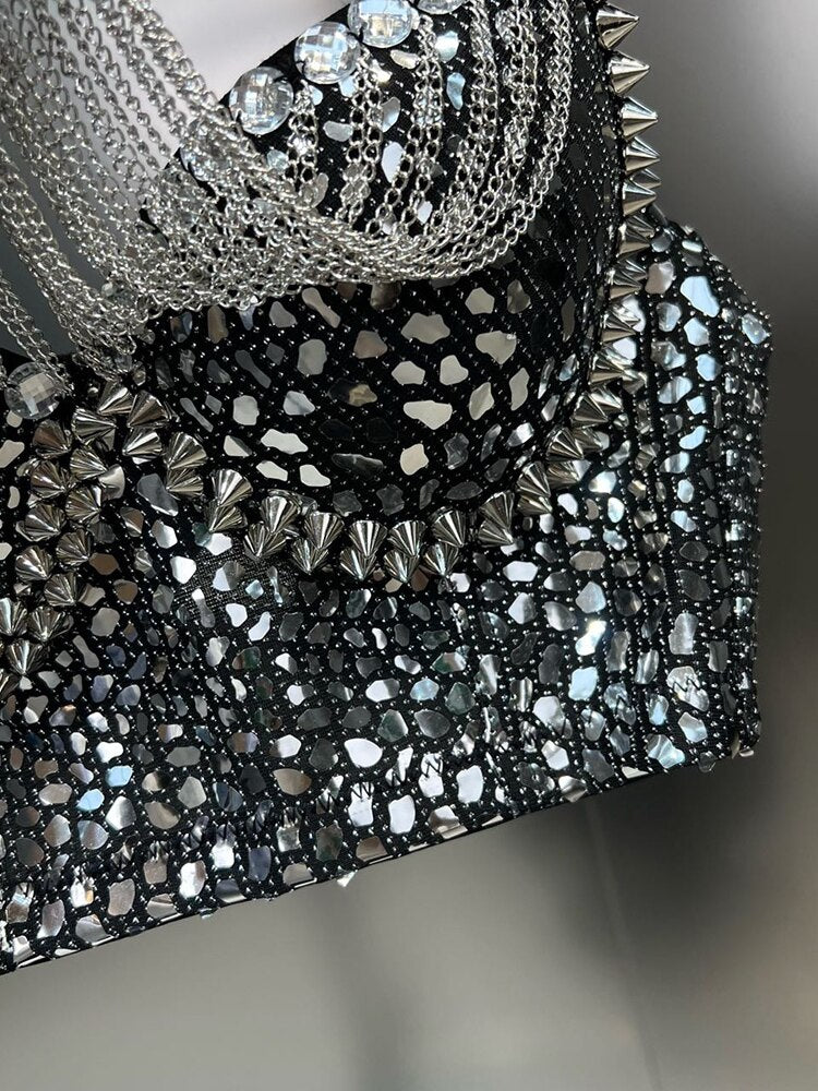 Sexy Trend Sequin Metal Chain Tassel Sling Women&#39;s Shiny Personality Rivet Design Slim Camisole Female 2024 Summer