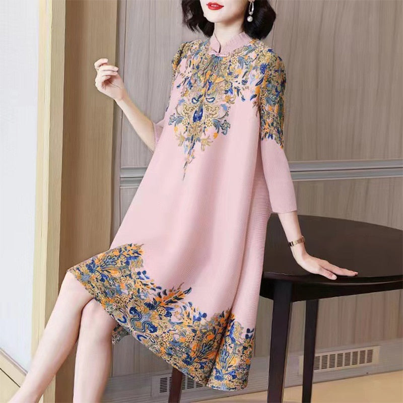 Summer Autumn Overesized Stand Collar Temperament Floral Printing Dress Ladies Elegant Fashion Loose Dresses Robe Femme Vestido