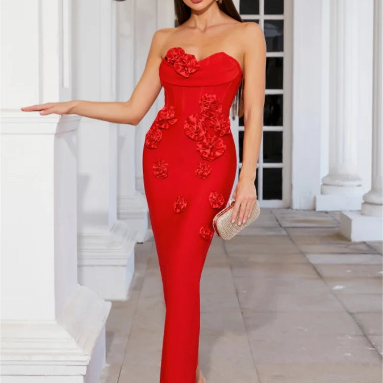 Pink Red Color Women Sexy Strapless Off the Shoulder Florals Bodycon Long Bandage Dress Celebrate Fashion Evening Party Outfit