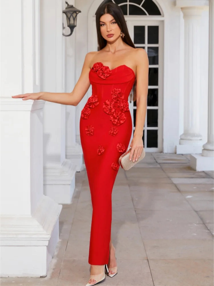 Pink Red Color Women Sexy Strapless Off the Shoulder Florals Bodycon Long Bandage Dress Celebrate Fashion Evening Party Outfit