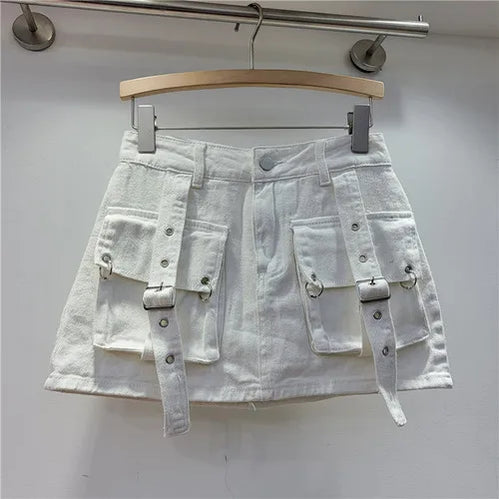 Retro Pink Large Pocket Denim Suit Spring Summer Sleeveless Short Vest High Waist Hip Wrapped Skirt 2 Pieces Sets Women Outfits White skirt