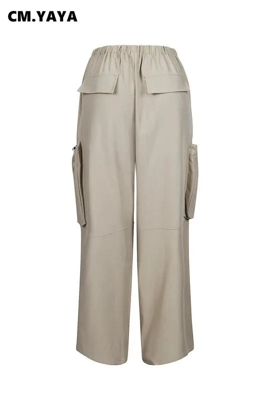 Women Fashion Zipper Pocket Side Zip Fly Split Hem Wide Leg Safari Style Pants 2025 Drawstring Summer Cargo Trousers