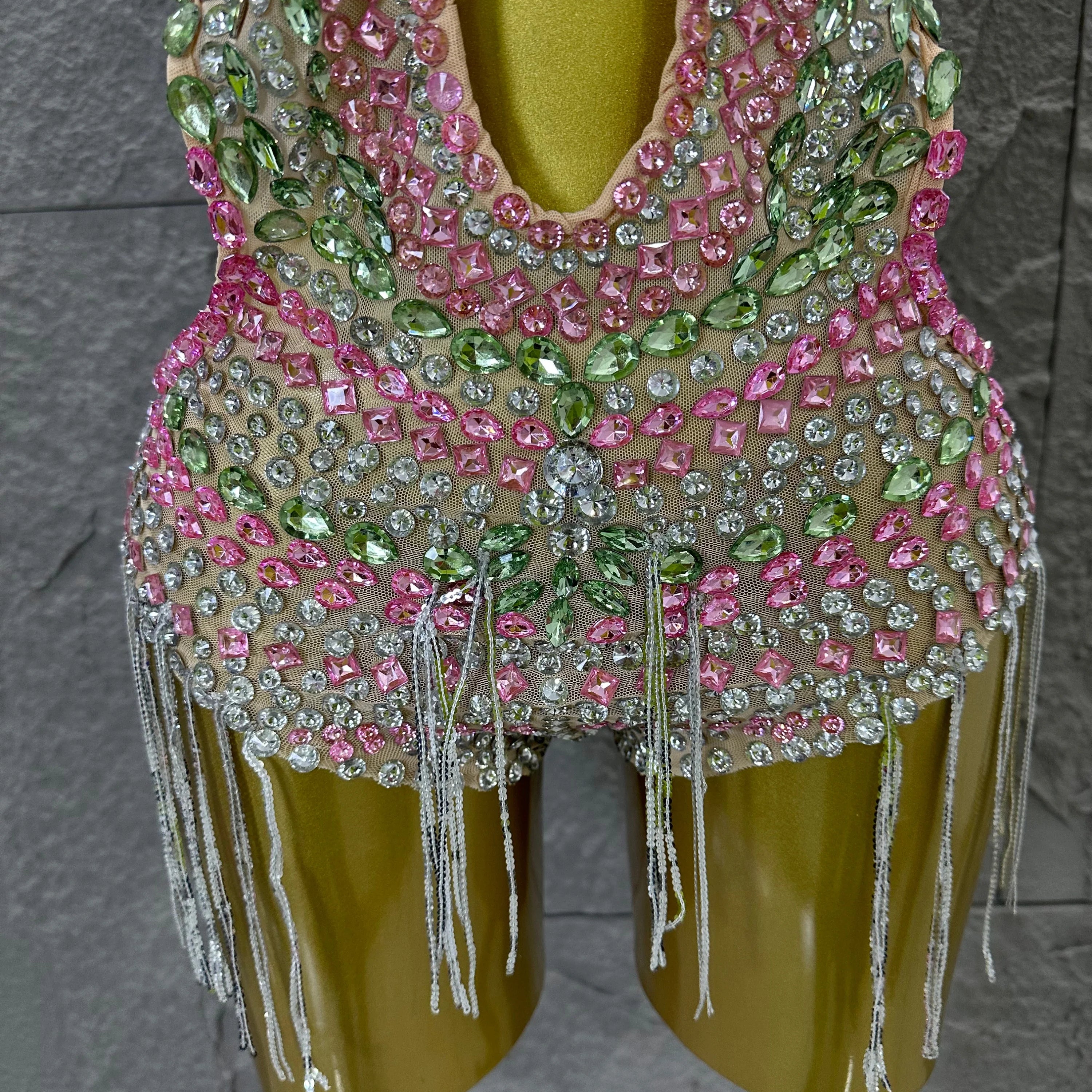 Sexy 2026 Crystal Bodysuit Women Sexy U-Neck Sheer Mesh Cutout Rhinestone Fringe Bodycon Outfit Nightclub Party Costume