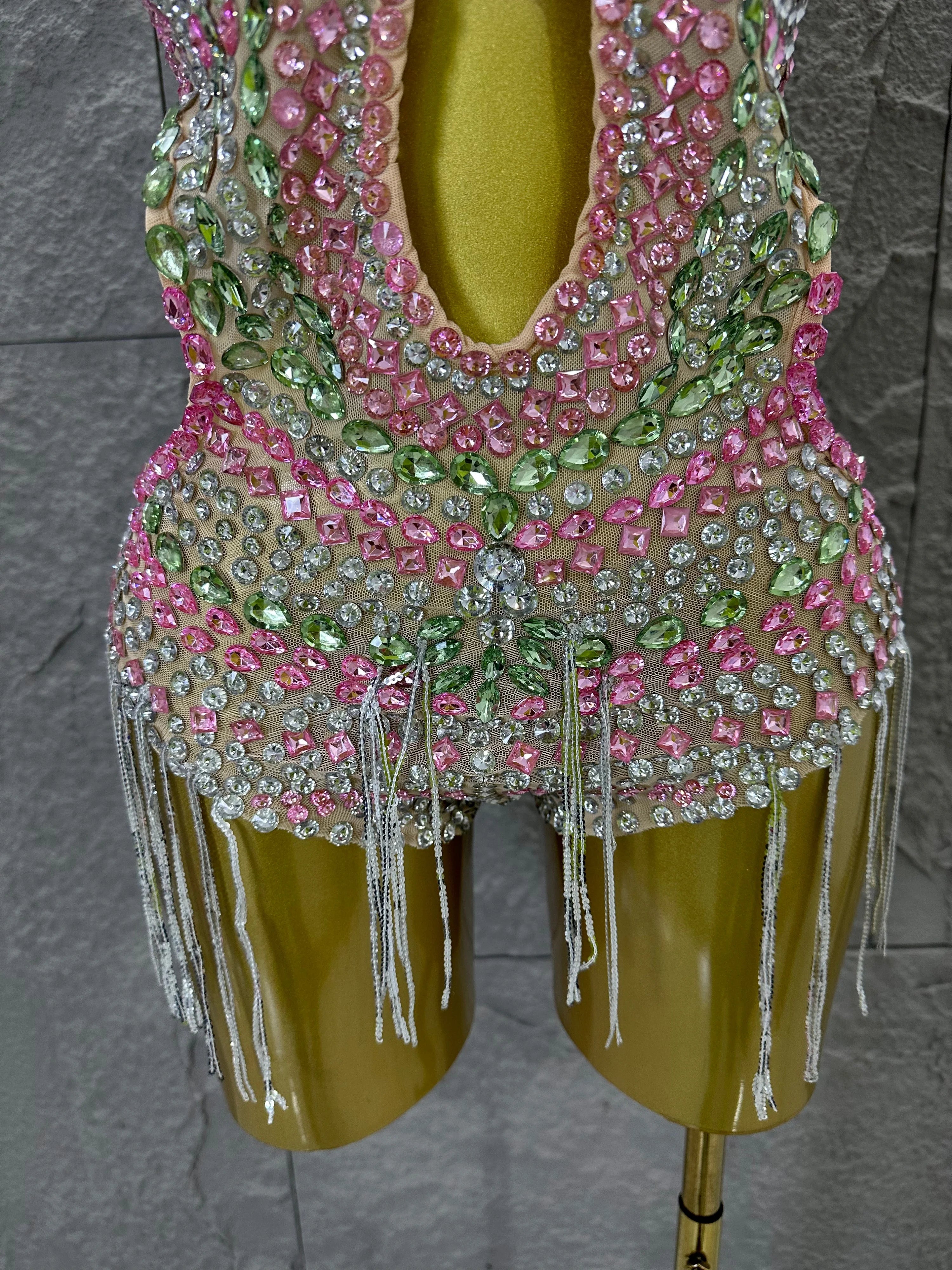 Sexy 2026 Crystal Bodysuit Women Sexy U-Neck Sheer Mesh Cutout Rhinestone Fringe Bodycon Outfit Nightclub Party Costume