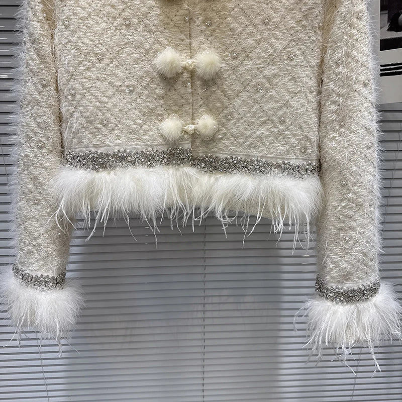 Winter New Fashion Heavy Embroidery Rhinestone Collar Ostrich Feather Cotton Coat For Women Short Jacket 11A07811