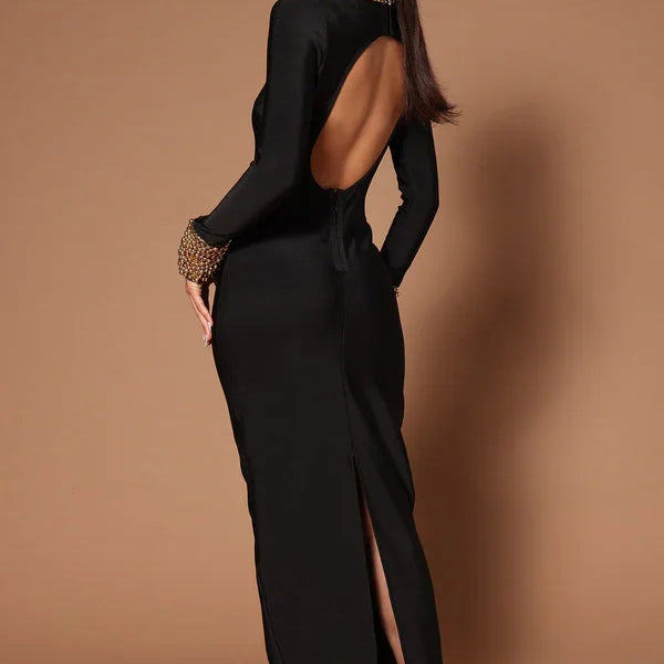 2024 New Winter Black Women Long Sleeve Sexy Golden Beading Bodycon Bandage Long Dress Backless Celebrate Evening Party Outfit