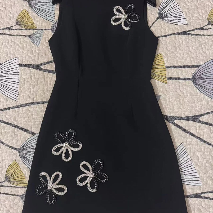 Solid Slimming Elegant Dresses for Women Round Neck Sleeveless Patchwork Bead Fashion Mini Dress Female Clothing BLACK