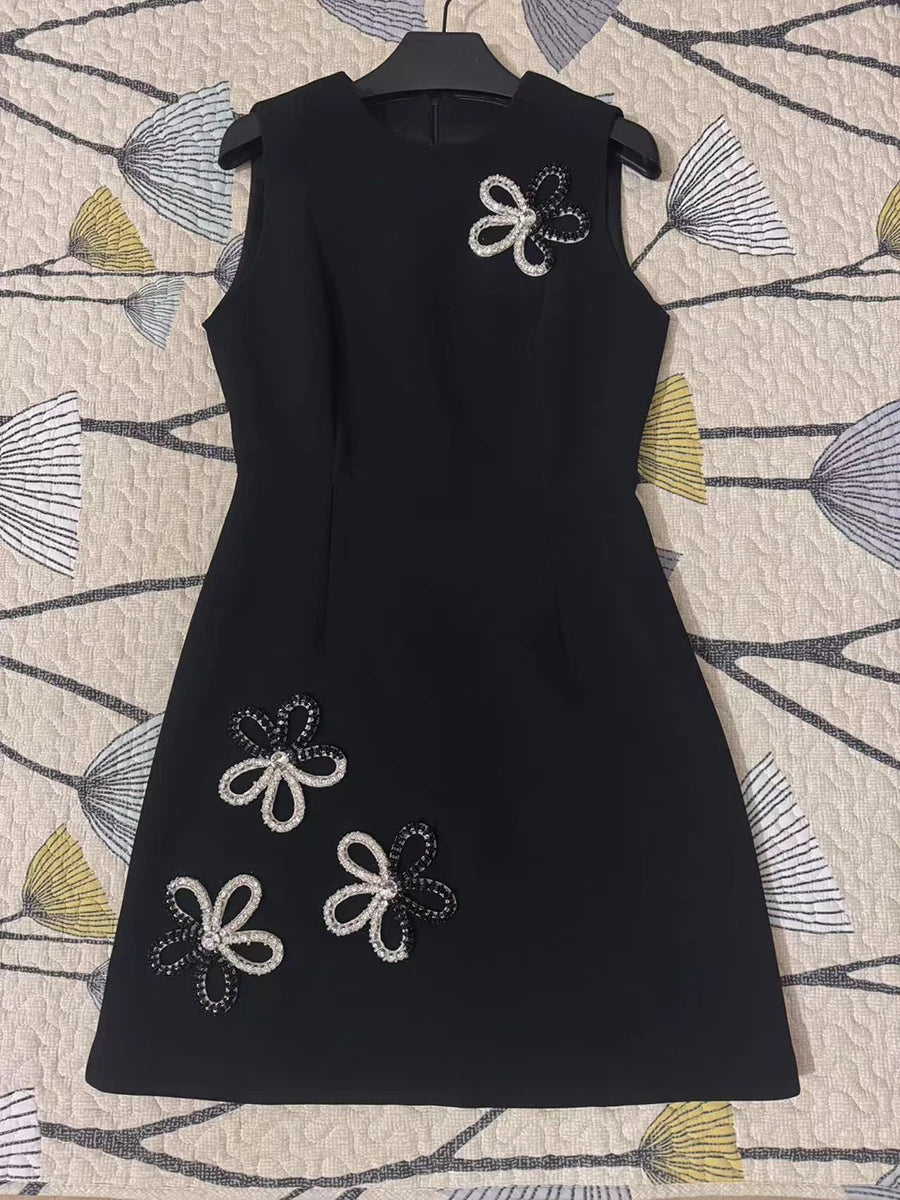 Solid Slimming Elegant Dresses for Women Round Neck Sleeveless Patchwork Bead Fashion Mini Dress Female Clothing BLACK