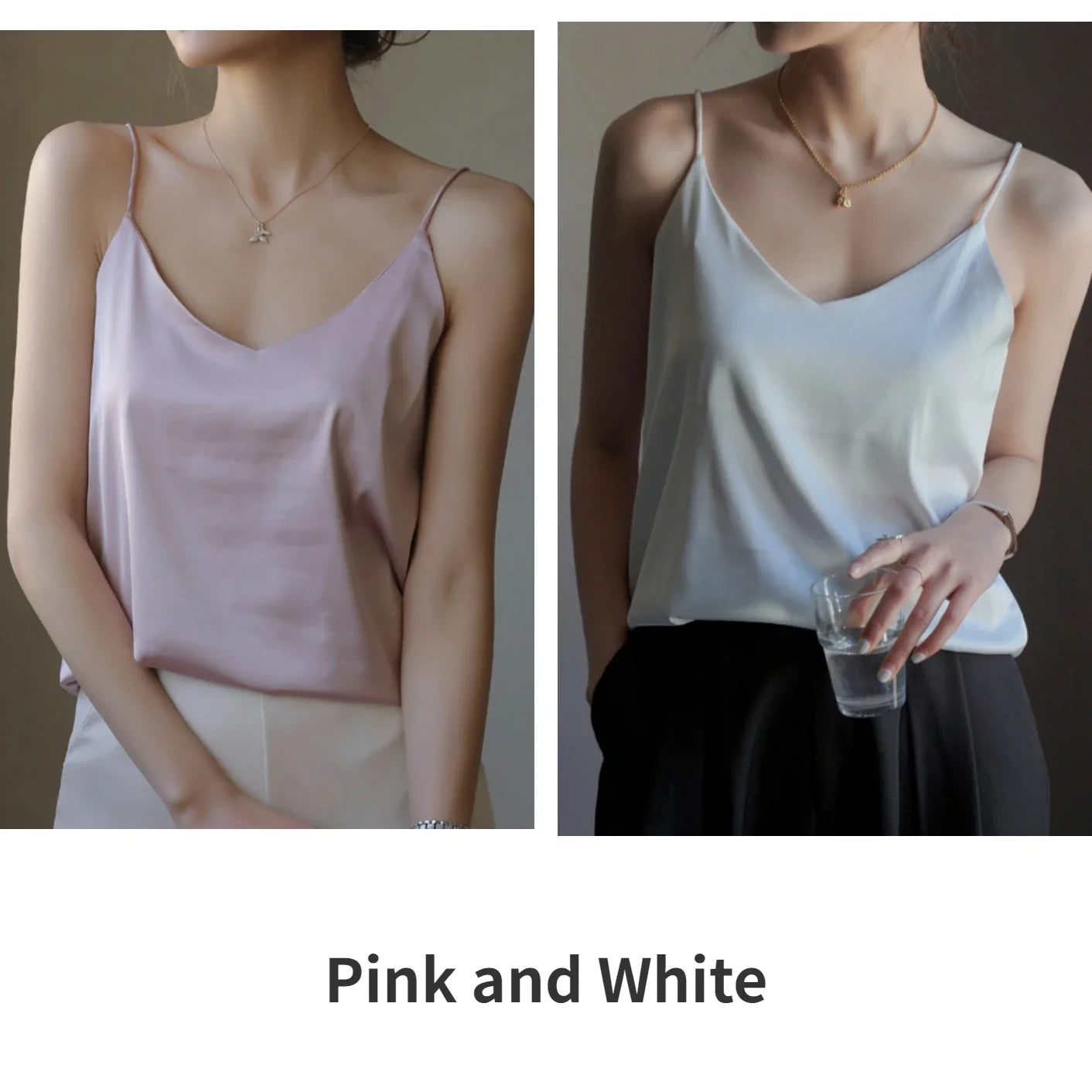 Grey Camisoles for Women Acetate SATIN Loose Summer Spaghetti Strap Tank Top Solid V-neck Fashion Sexy Backless Tanks & Camis Pink and White