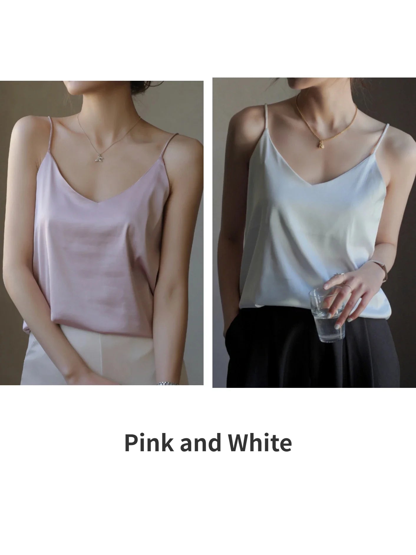 Grey Camisoles for Women Acetate SATIN Loose Summer Spaghetti Strap Tank Top Solid V-neck Fashion Sexy Backless Tanks & Camis Pink and White