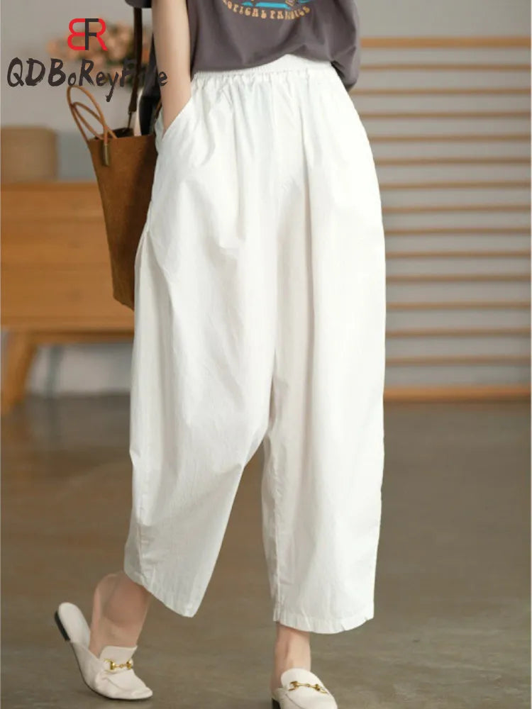 Women Summer Pants New High Waist Wide Leg Retro Cropped Trousers Casual Loose Baggy Cotton Linen Pants for Women Bottoms