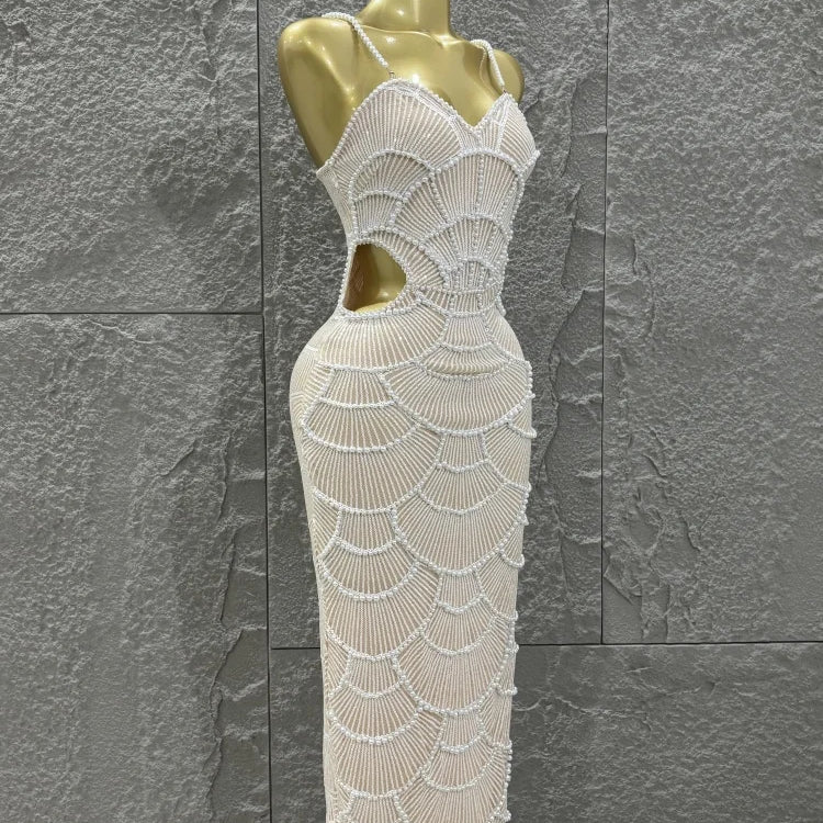 Hot Sale Women Sleeveless Sexy Strap Pearl Beading Bodycon Long Dress Celebrate Evening Party Birthday Cocktail Outfit