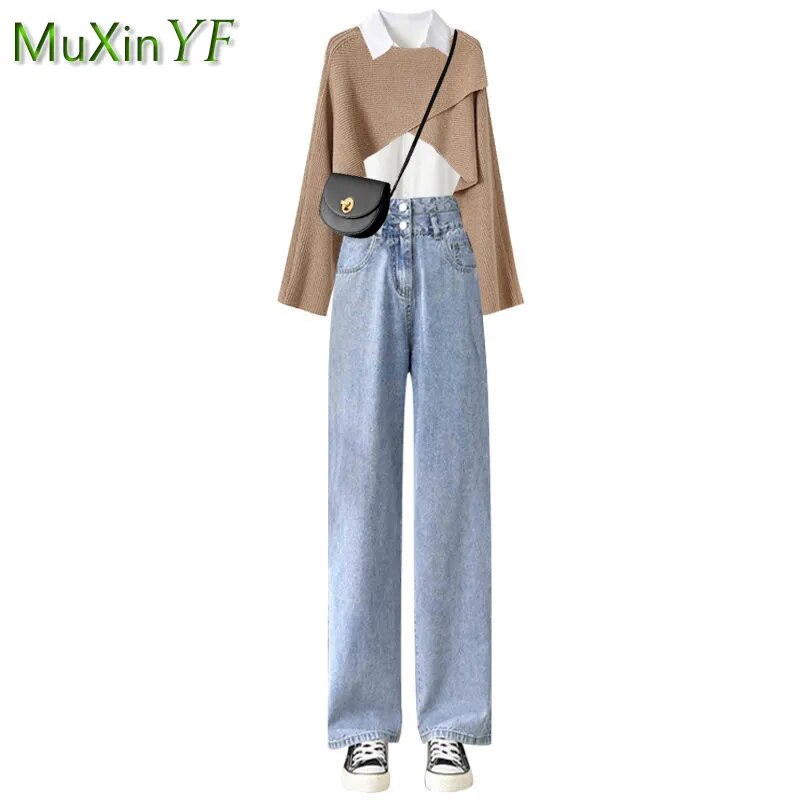 Women's Autumn Winter New Suit 2024 Fashion Knit Cross Sweater+Shirt+Jeans Three Piece Korean Elegant Denim Pants Matching Set