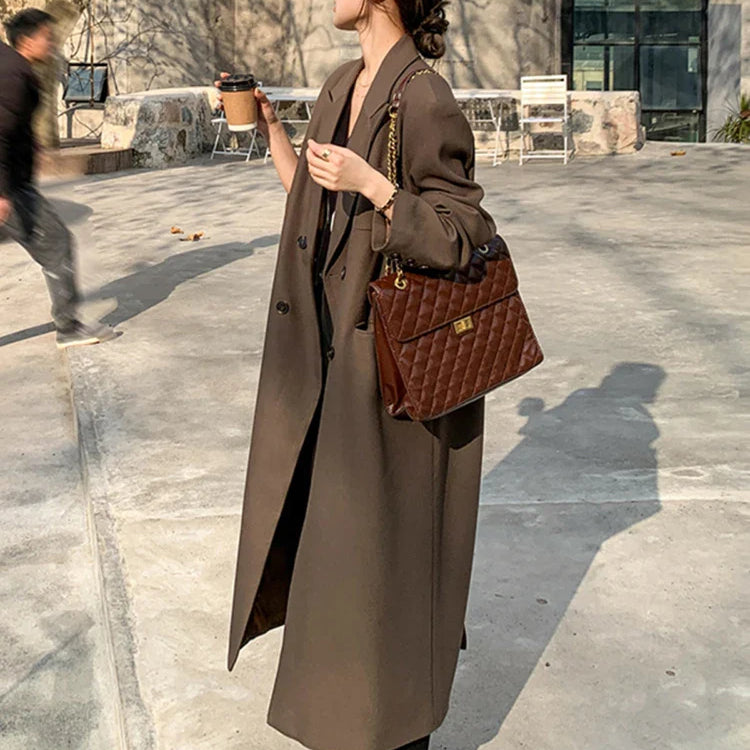 Autumn Long Coffee Flowy Blazer Coat Women with Back High Slit Double Breasted Loose Casual Korean Fashion Overcoat 2024