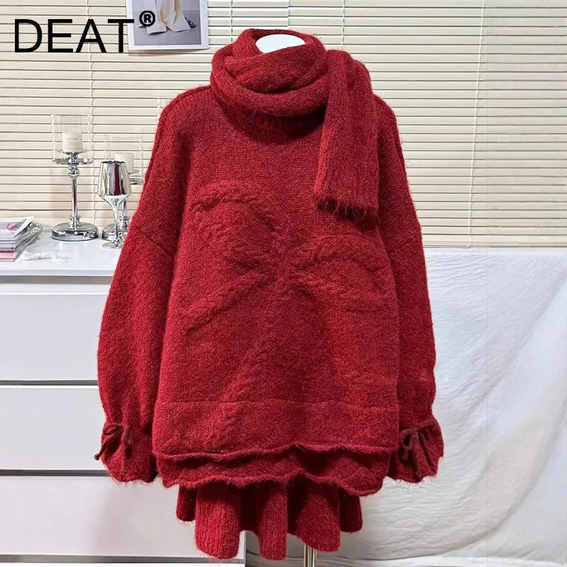 Autumn Winter New Style Scarf Bow Sweater Pullover Solid Color Knitted Skirt Three-Piece Set Set For Women 11A07911