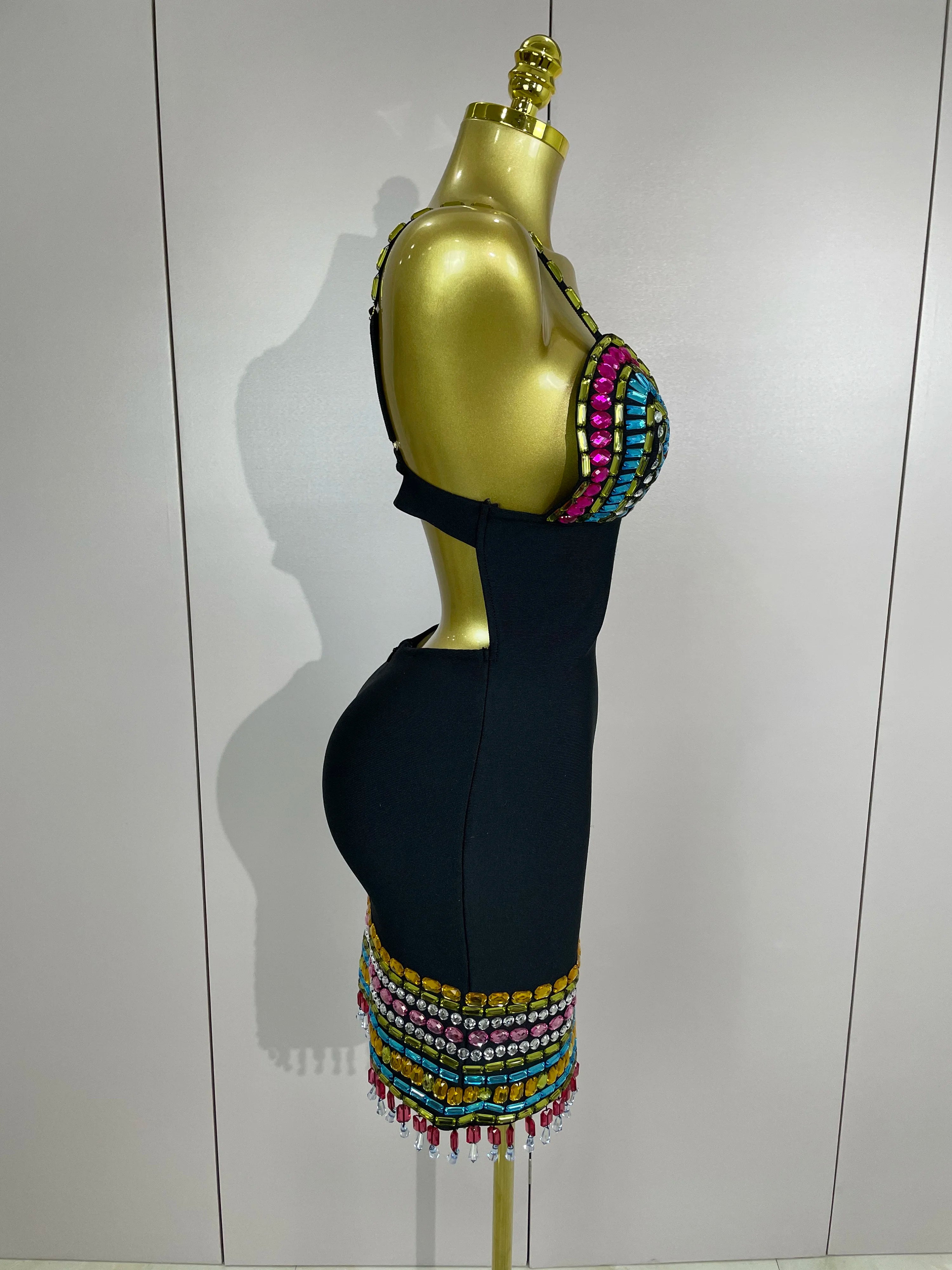 2025 Sparkly Colorful Diamonds V Neck Black Bodycon Bandage Dress Celebrity Elegant Evening Club Party Luxury Birthday Dresses