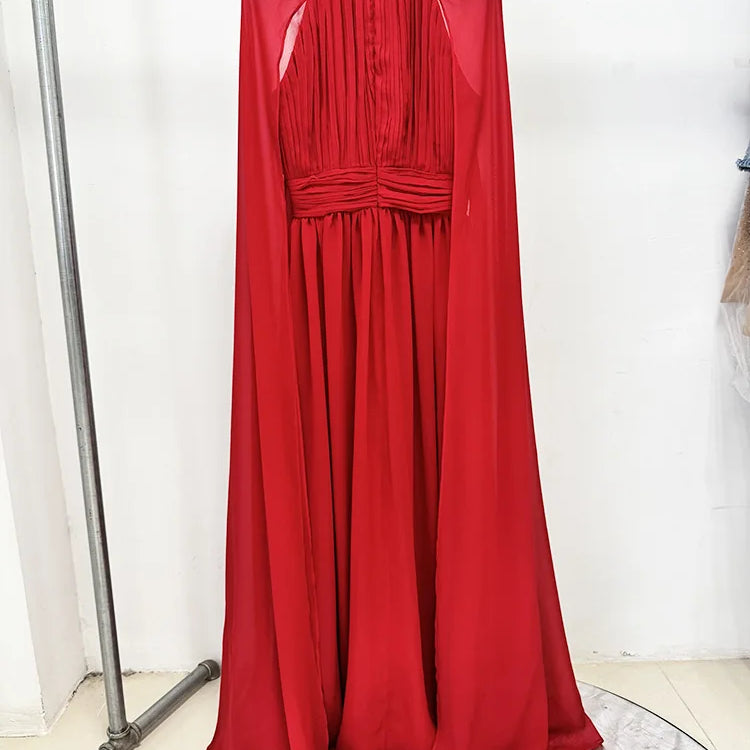 2025 Red Color Women Fashion Cloak Sleeve Slim Floor-length Dress Elegant Eveening Party Celebrate Prom Outfit