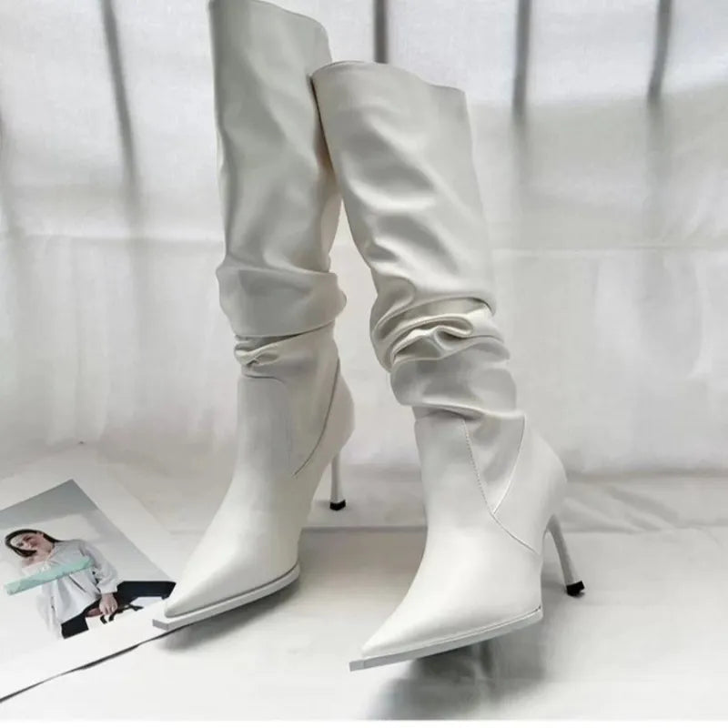 Pointed Pleated High Barrel Boots for Women in Autumn Thin Heel Stacked Boots High Heel Below Knee Long Barrel Boots