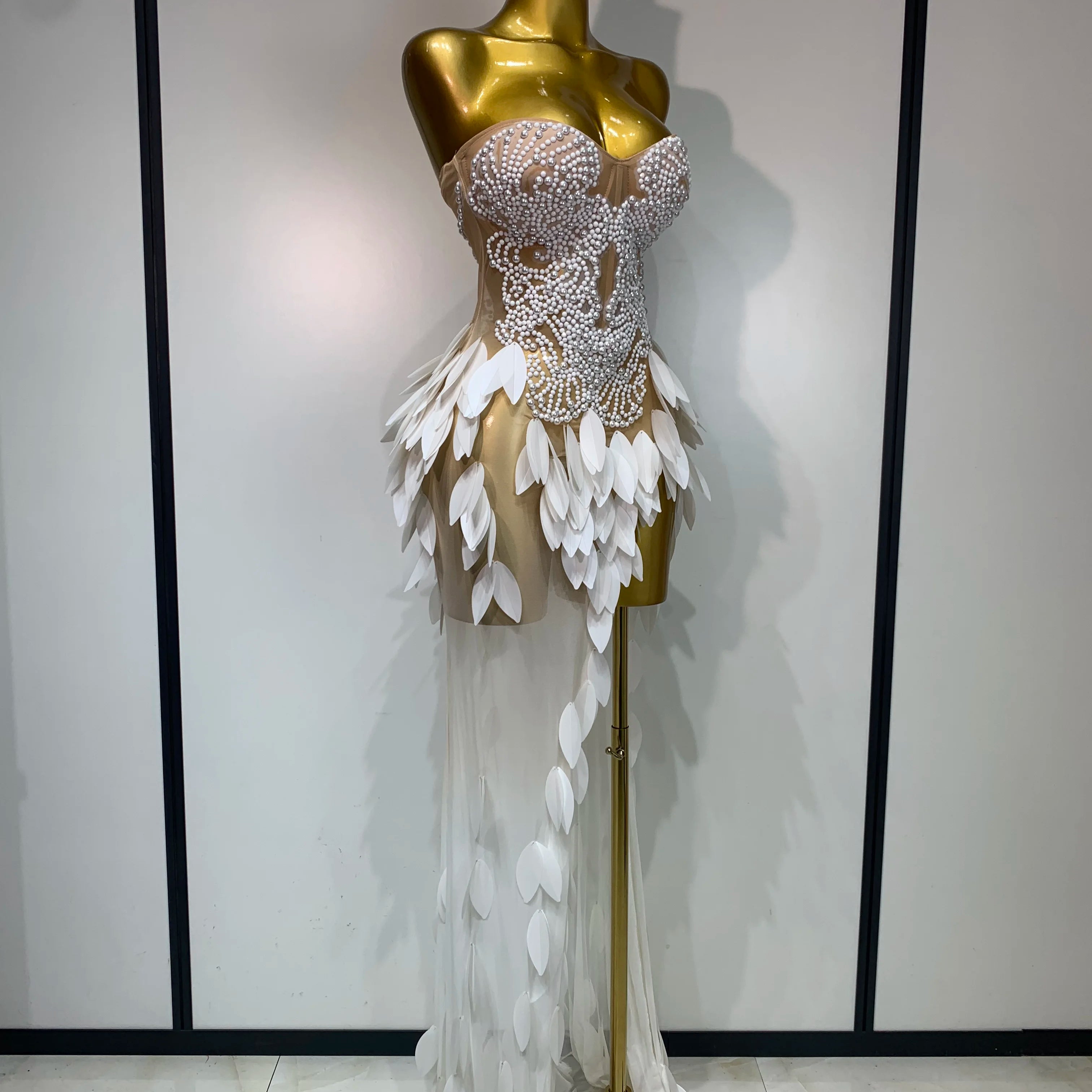 Elegant Pearl Dress Sexy Transparent Mesh Maxi Long Dresses Women Evening Party Wedding Gown Red Carpet Celebrity Stage Outfit