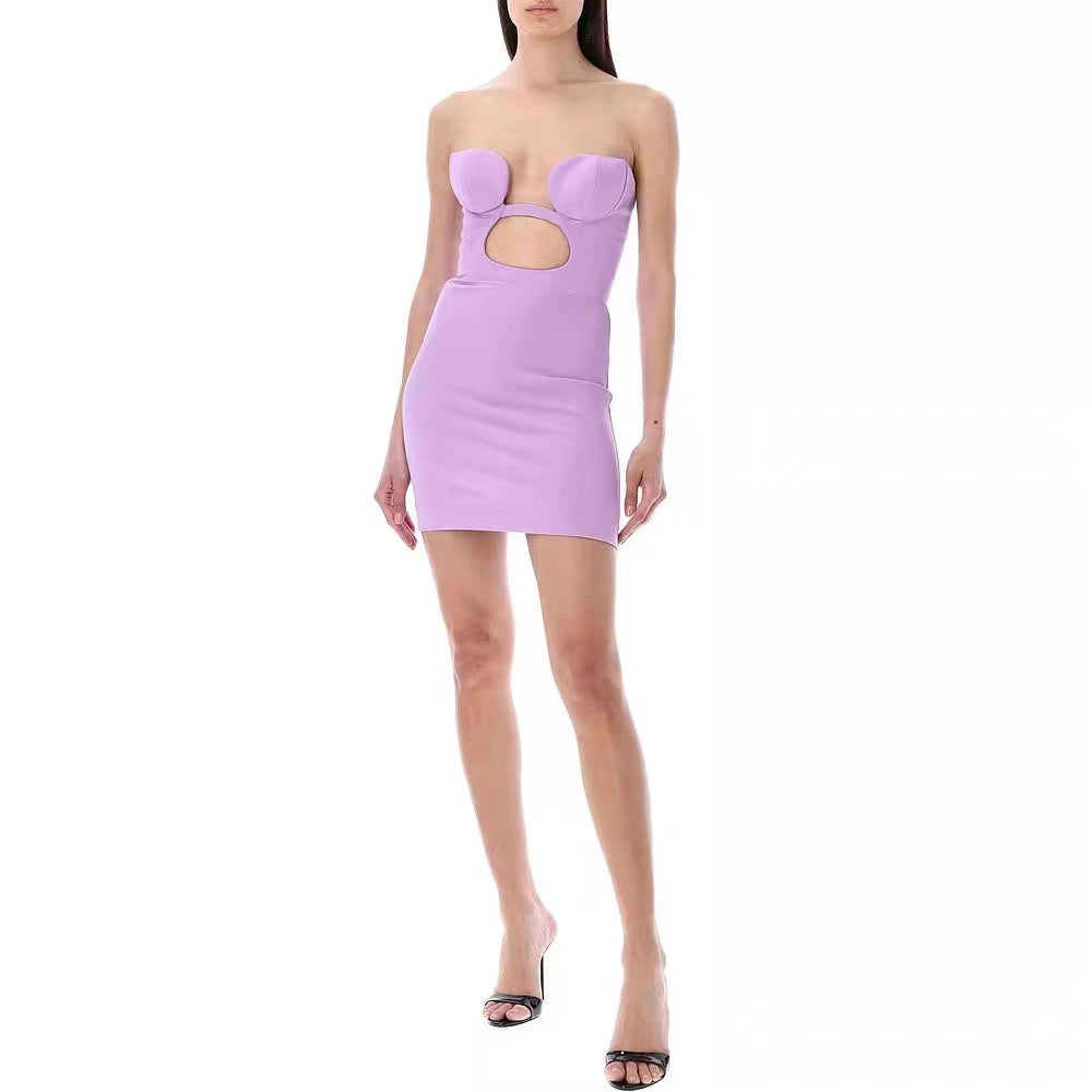 Sexy Strapless Mini Dress Women Chic Classy Hollow Out Ring Sleeveless Bodycon Bandage Dress Summer 2023 Trendy Light Purple