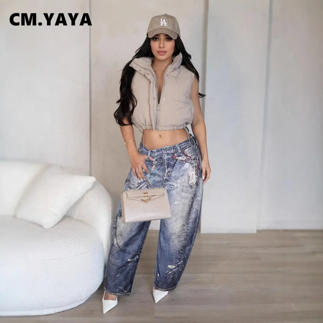 Fashion Women Fake Denim 3D Print Loose Wide Leg Jogger Pants 2025 Streetwear Casual Active Hip Hop Sweatpants Trousers