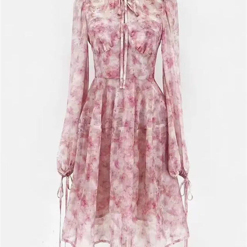 Chic French Elegant Spring Pink Printing Holiday Dress For Women Lace Up O Neck Lantern Sleeve Flower Chiffon High Waist Dresses