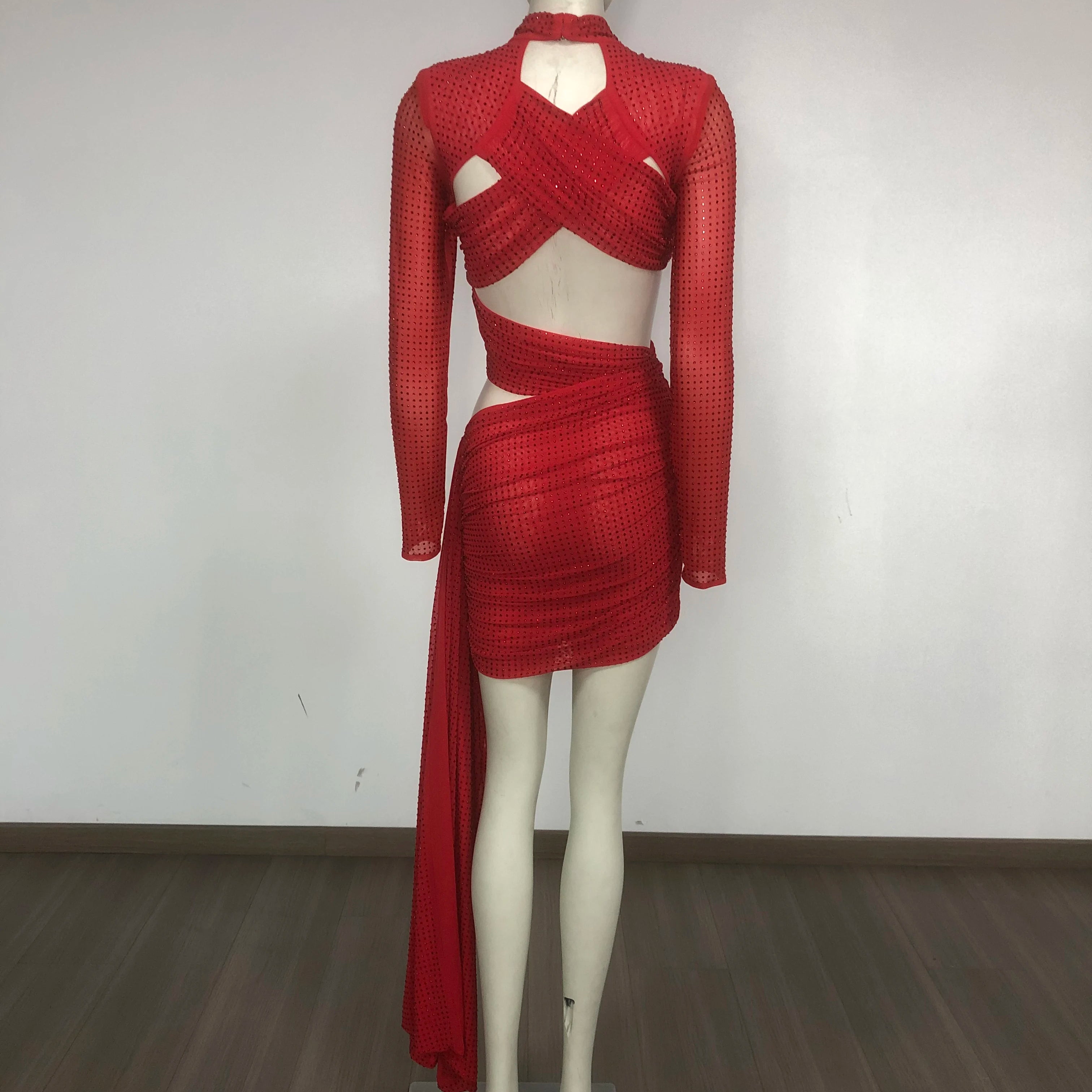 Shinning Rhinestones Women Long Sleeve Sexy Cross Keyholes Bodycon Mini Dress Celebrity Gashion Red Carpet Birthday Outfit