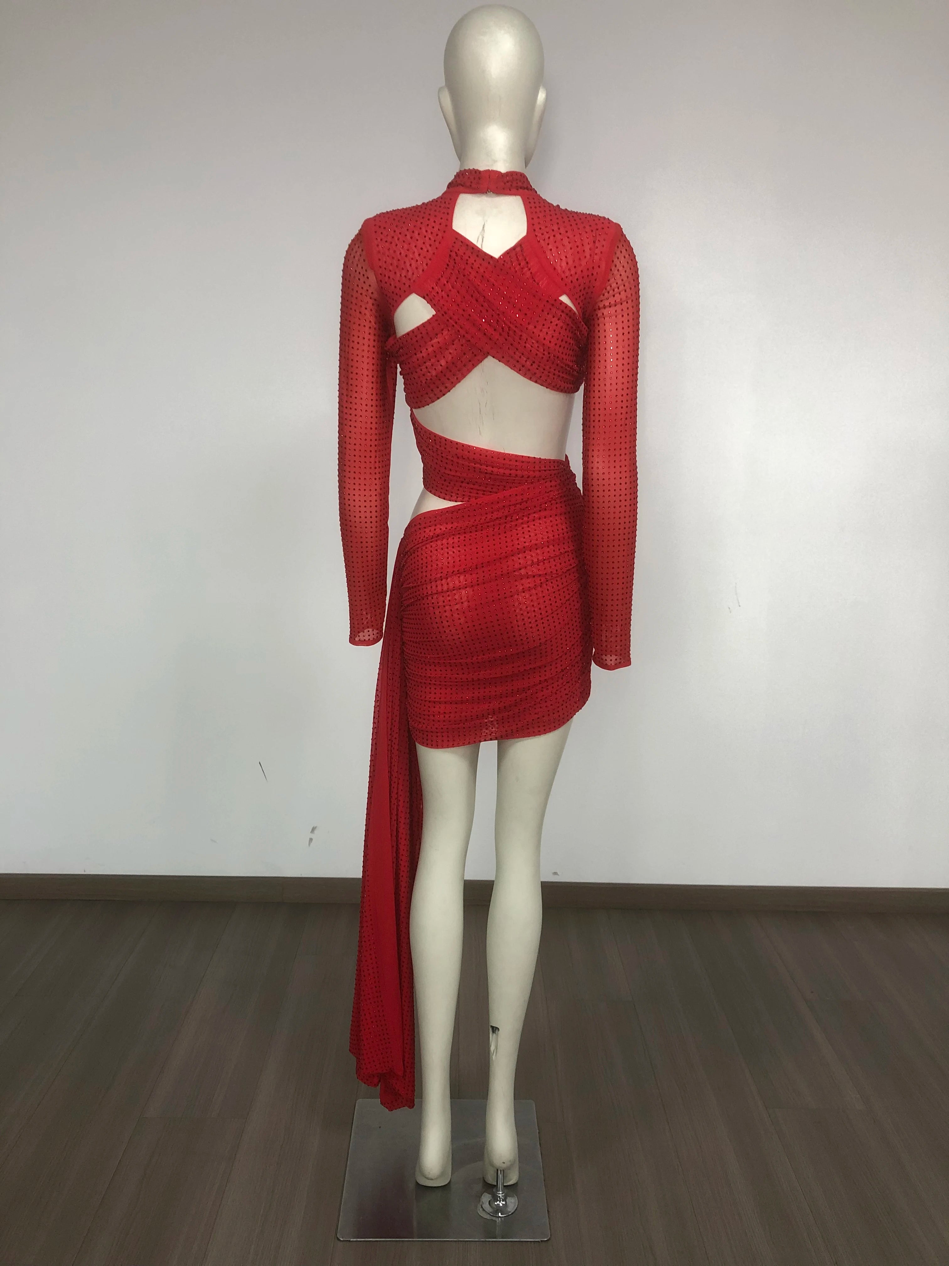 Shinning Rhinestones Women Long Sleeve Sexy Cross Keyholes Bodycon Mini Dress Celebrity Gashion Red Carpet Birthday Outfit