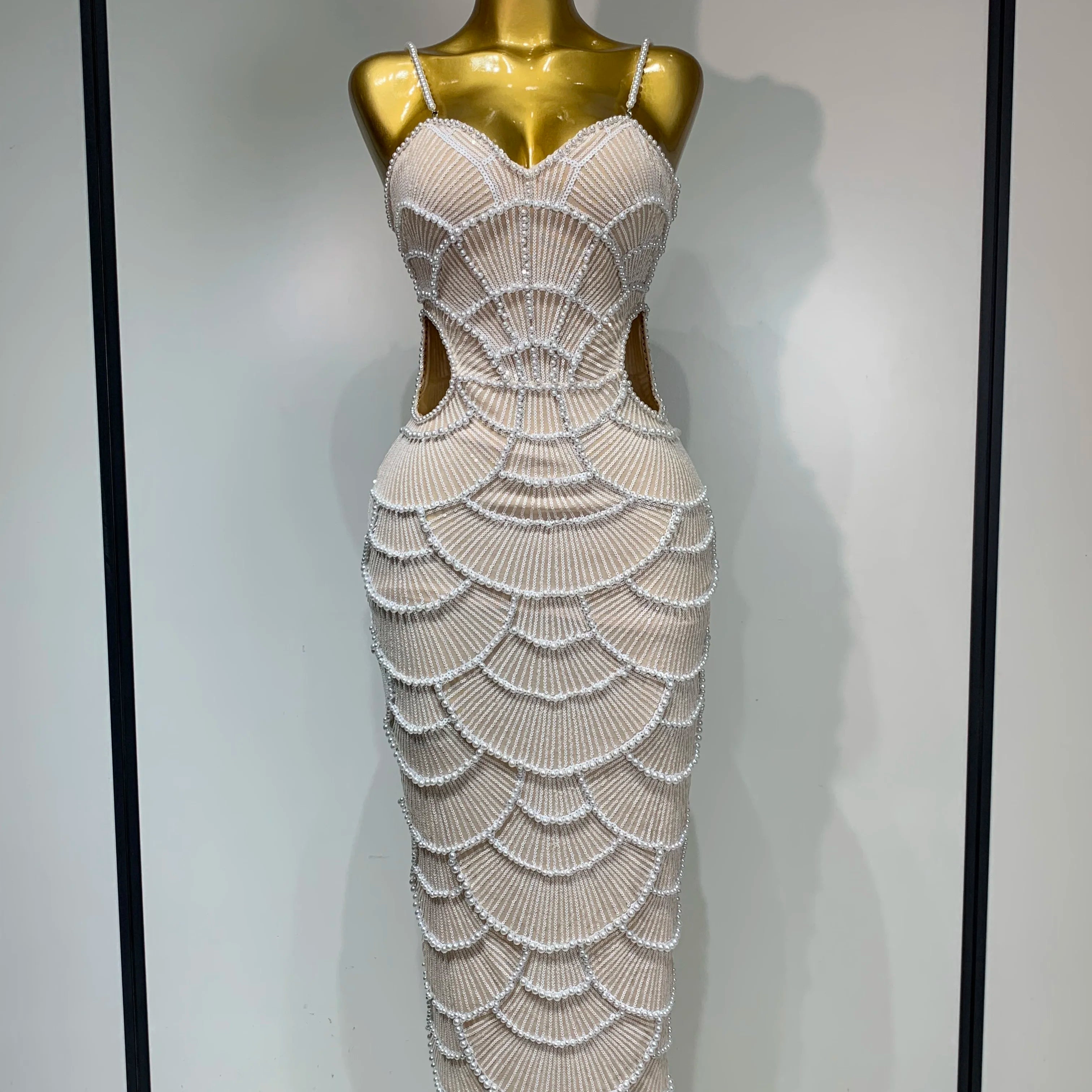 Women Sexy V Neck Pearl Beading Cut Out Maxi Long Bodycon Prom Gowns Dress Luxury Birthday Elegant Evening Party Club Dress Beige