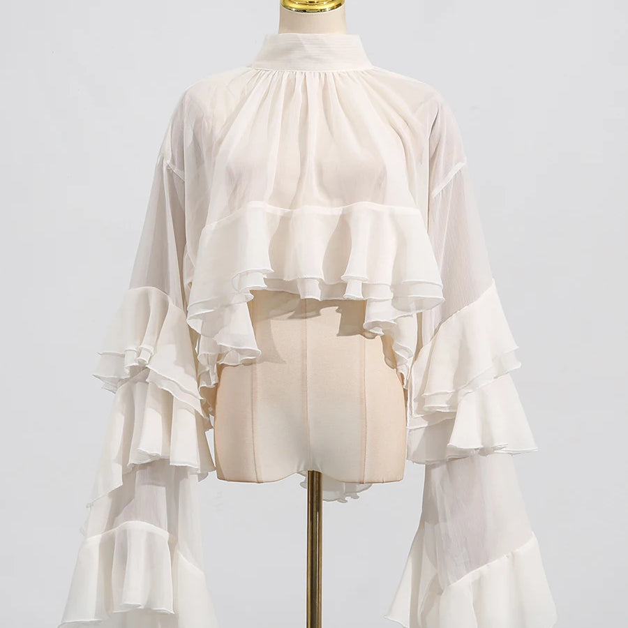 Solid Loose Sheer Blouses for Women High Neck Long Sleeves Patchwork Ruffles Folds Elegant Blouse Female Clothing BEIGE