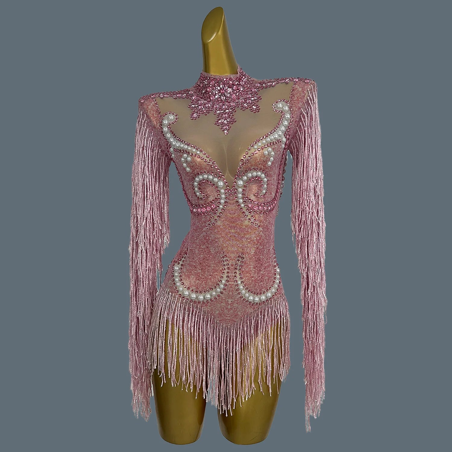 Sparkly Diamonds Pearls Celebrity Bodysuit Women Sexy Performance Dance Costume Singer Show Stage Wear Nightclub Outfit Yanhui Pink