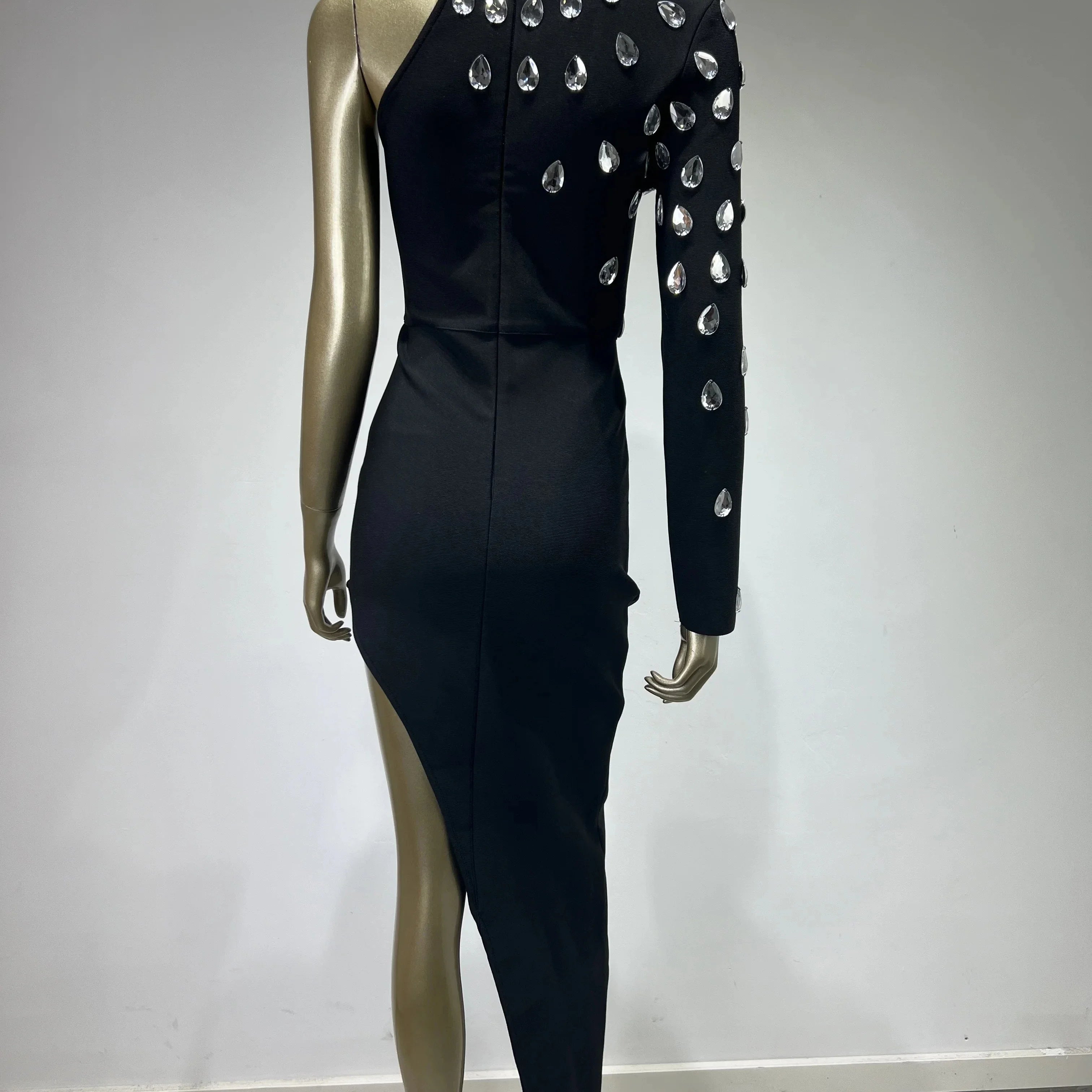 Women Celebrity Sexy Single Sleeve Rhinestone Black Maxi Long Bodycon Bandage Dress Elegant Evening Club Party Dress