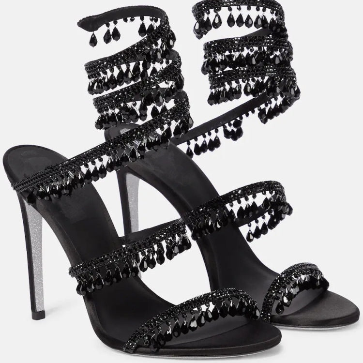 Women's New Rhinestone Sandals Fashion Tassel Crystal Shoes Sexy Nightclub Banquet Party Twining Stiletto Women's Sandals Black