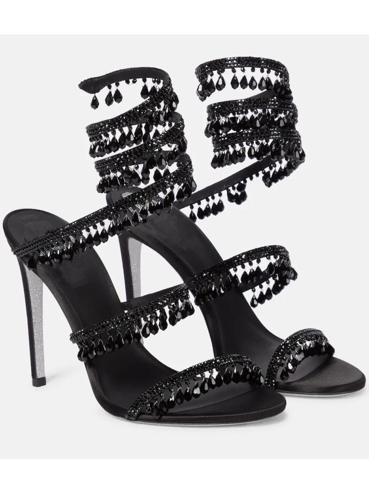 Women's New Rhinestone Sandals Fashion Tassel Crystal Shoes Sexy Nightclub Banquet Party Twining Stiletto Women's Sandals Black