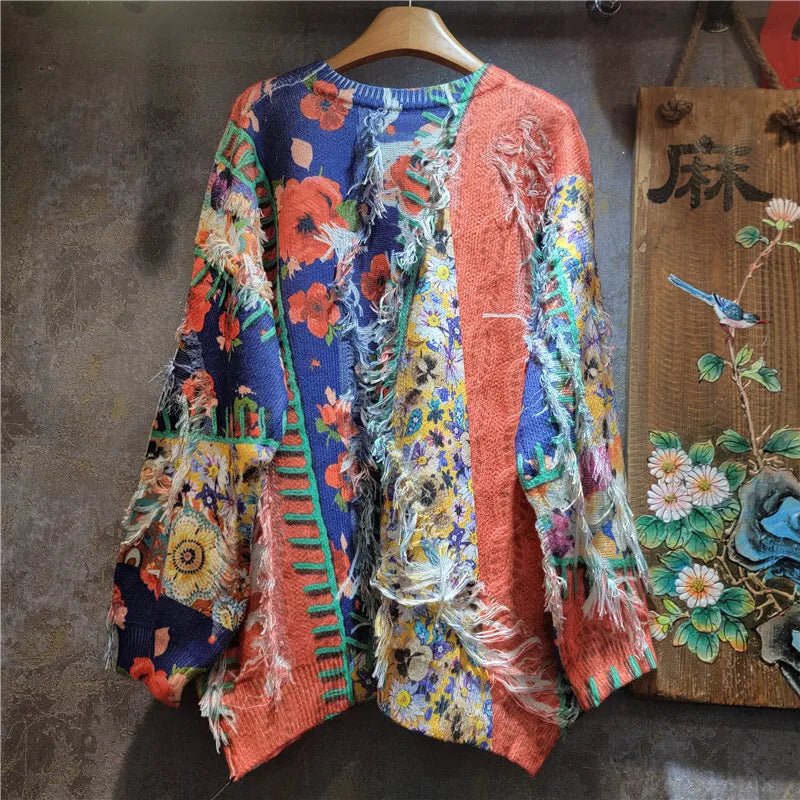 Autumn Winter New Fashion Elegant Casual Versatile Printed Knitted Tassel Sweater For Women Loose Pullover 11A07722