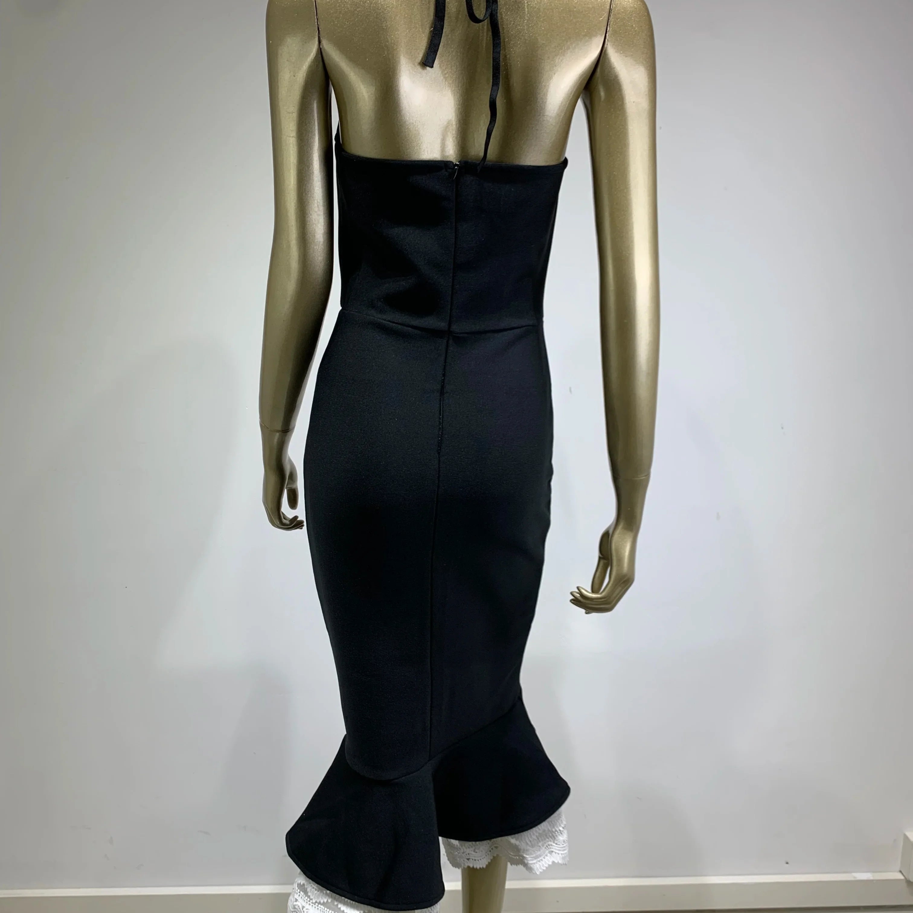 Women Celebrity Sexy Backless Halter Black Mermaid Midi Bodycon Bandage Dress Elegant Evening Club Party Dress