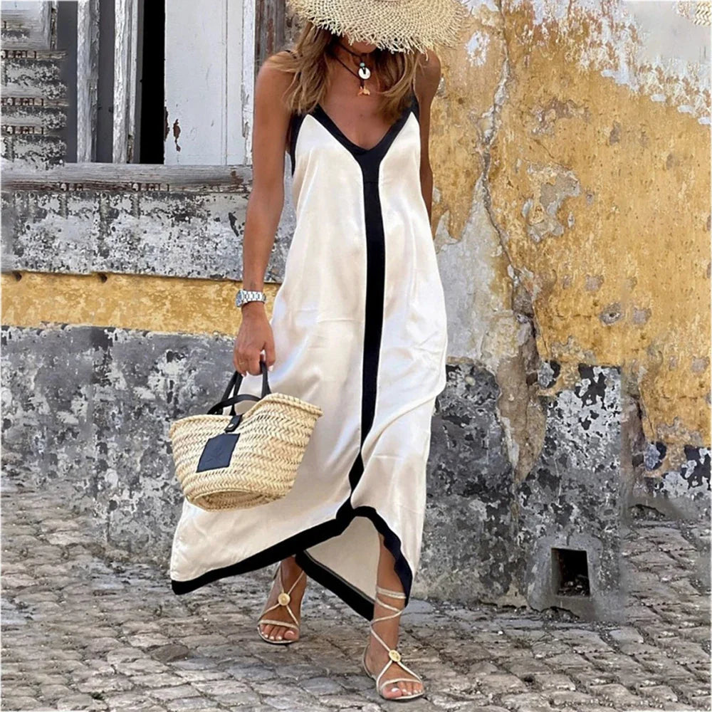 Black White V Neck Maxi Dress Solid Color Elegant Women's Swimsuits Cover Up Fashion Luxury Swimwear Bathing Suit Beachwear