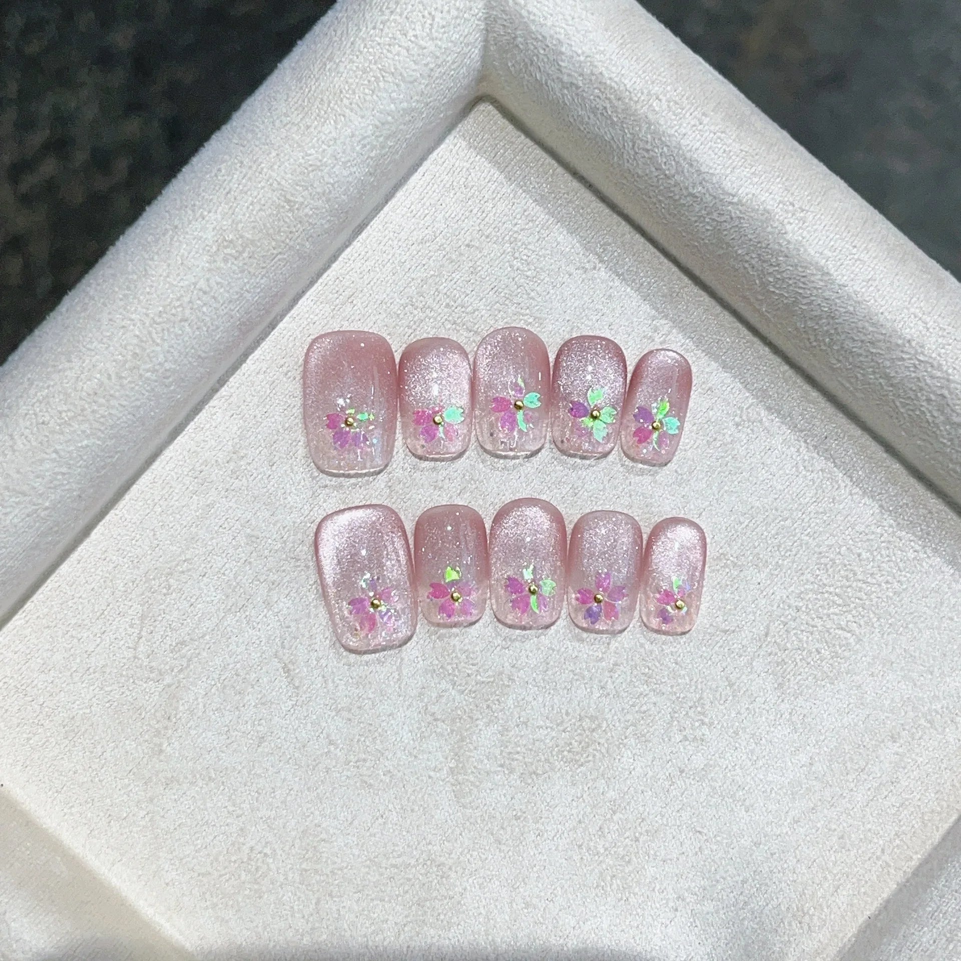10Pcs Sakura Ballet Handmade Press on Nails Glitter French Full Cover Acrylic Nail Short Pink Sweet Girl False Nail Manicure Tip