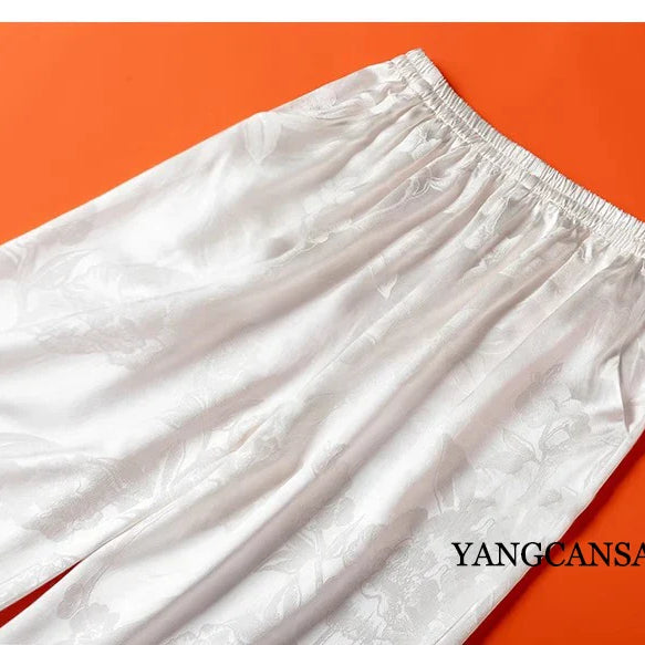 Women's Fashion Spring New 45MM Heavyweight 100%Natural Mulberry Silk Jacquard Satin White Versatile Wide Leg Pants