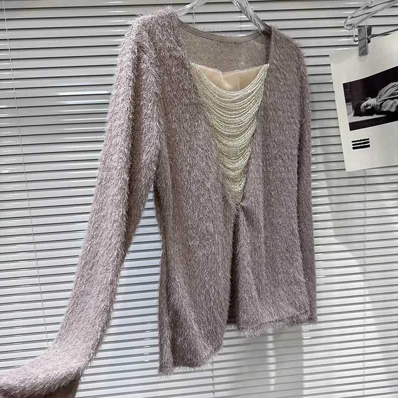 Winter New Fashion V-neck Beaded Tassel Chain Design Fluffy T-shirt For Women Loose Versatile Pullover Female 11A07943