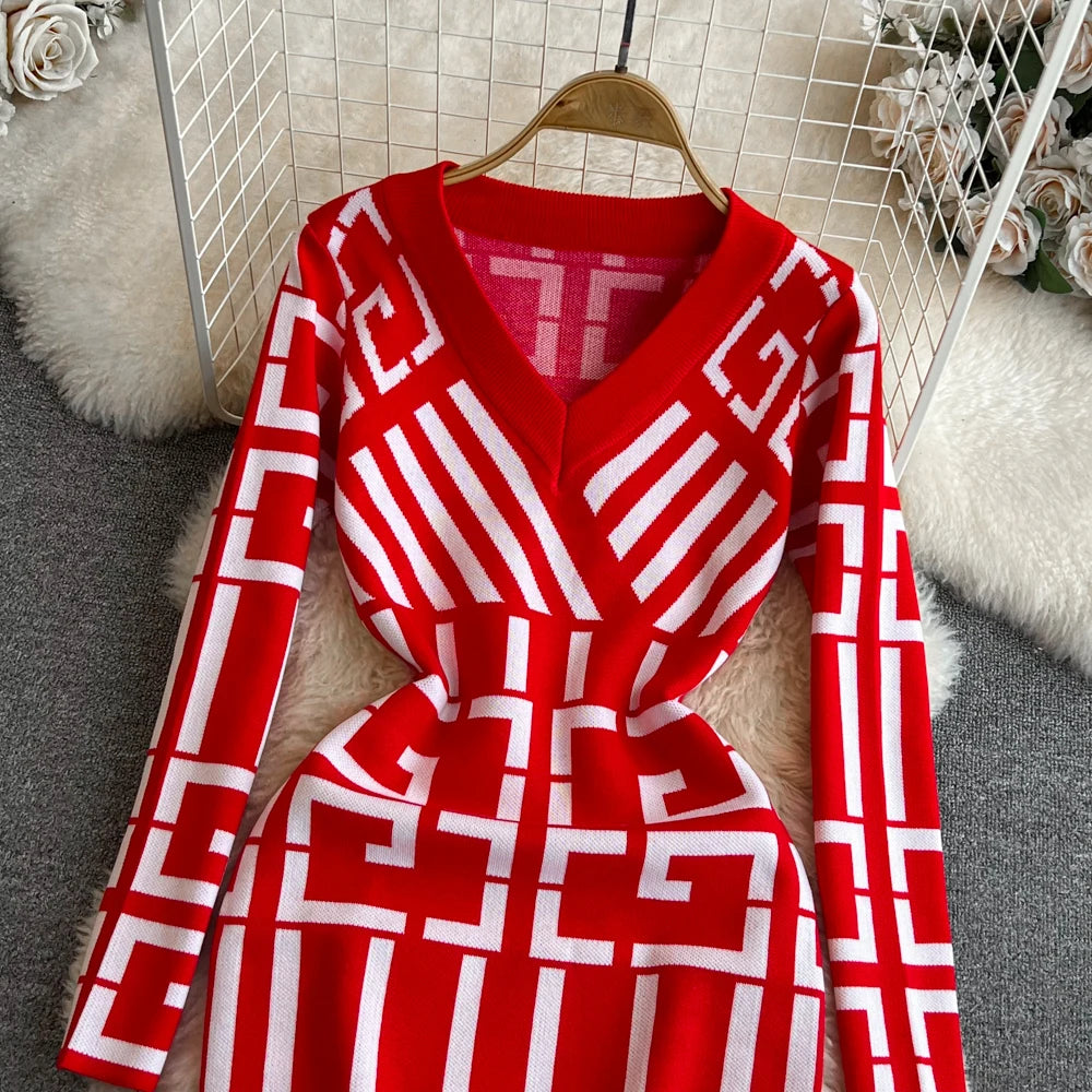 Women Dress Autumn Winter Long Sleeve Y2K Geometric Knitted Dress Lady Elegant Bodycon Sweater Dress Vestidos