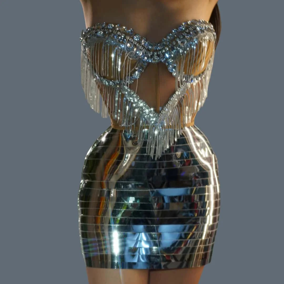 Sparkly Gold Sexy Top Two Pieces Short Skirt Set Women Celebrate Party NightClub Performance Dancer Show Stage Outfit Shengnv Silver One Size