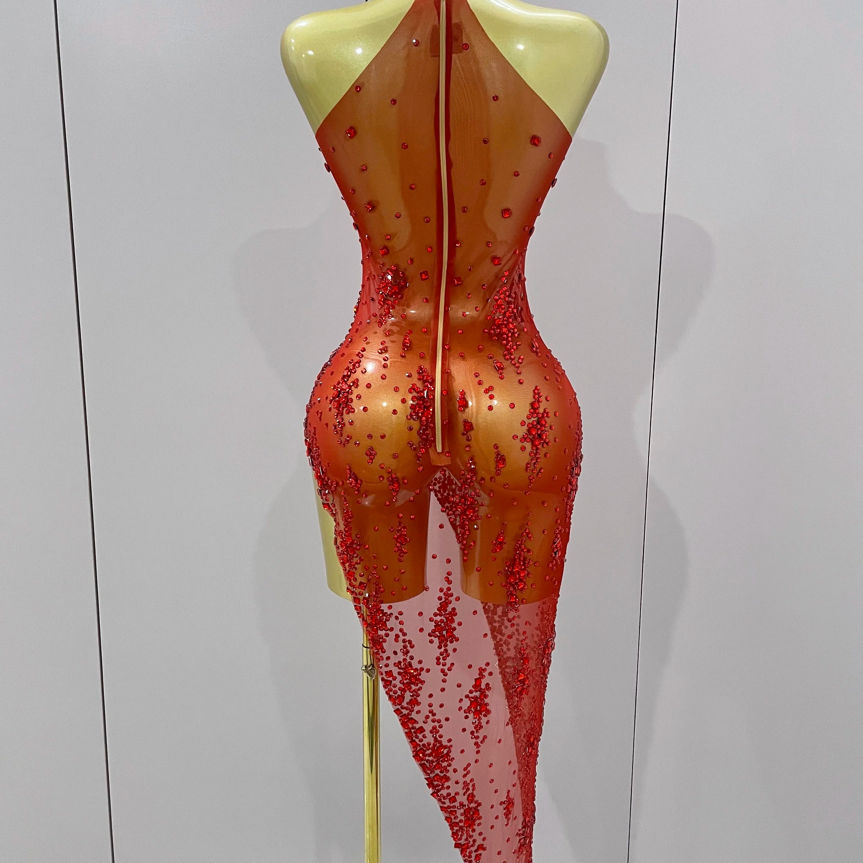 2025 New Sparkly Rhinestone V Neck Stretch Mesh Sexy See Through Dress Women Elegant Party Celebrate Perform Costume Stage Outfi