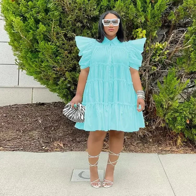 Elegant Women Puff Short Sleeve Smock Dress 2022 Summer Chic Big Swing Loose Turn-down Neck Sundress Vestidos SKY BLUE