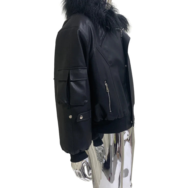 Mauroicardi Autumn Winter Short Oversized Black Warm Pu Leather Jacket Men with Faux Fur Trim Hood Loose Casual Korean Fashion