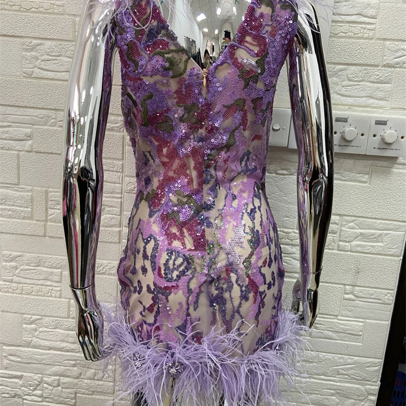 STOCK Gorgeous Feathers Shining Diamonds Violet Sequins Sleeveless Mini Dress Graceful Woman Evening Party Outfit